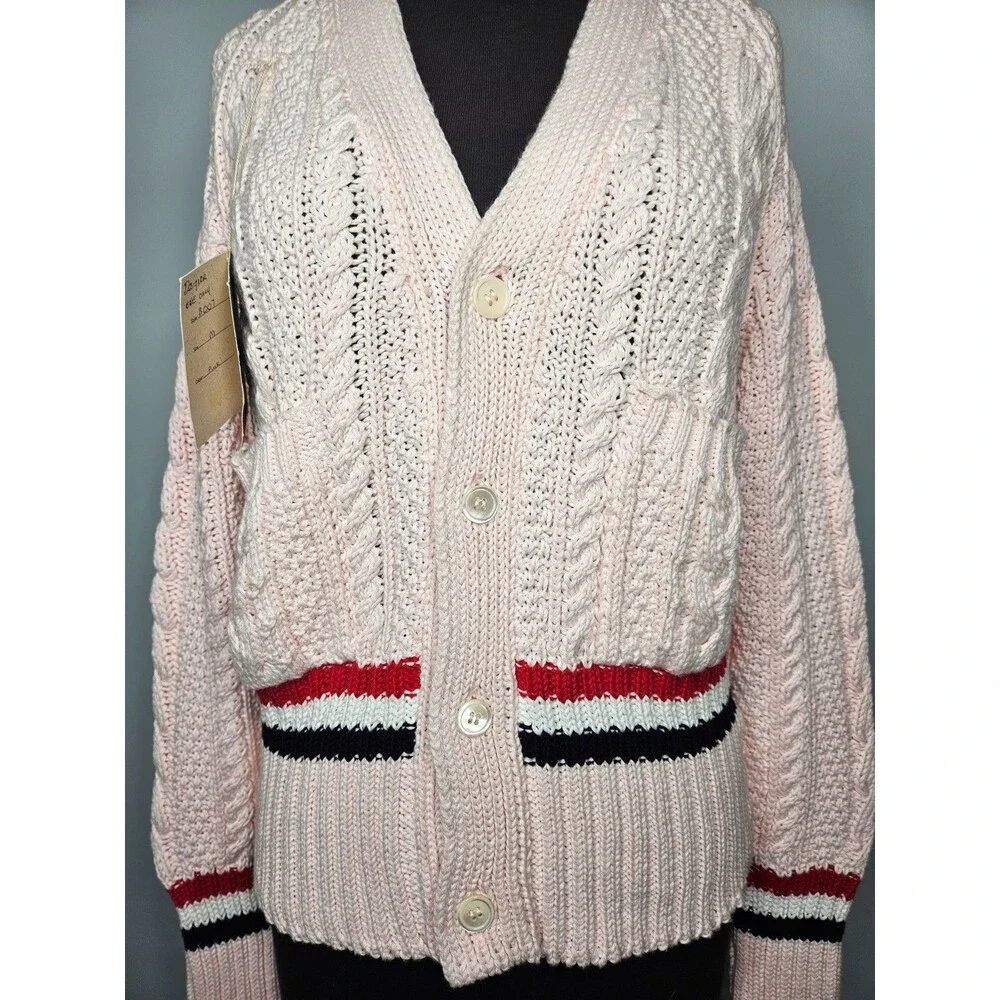 BONNER of IRELAND Women's Cable Knit Cardigan Sweater Medium Pink Striped Preppy - Picture 2 of 12